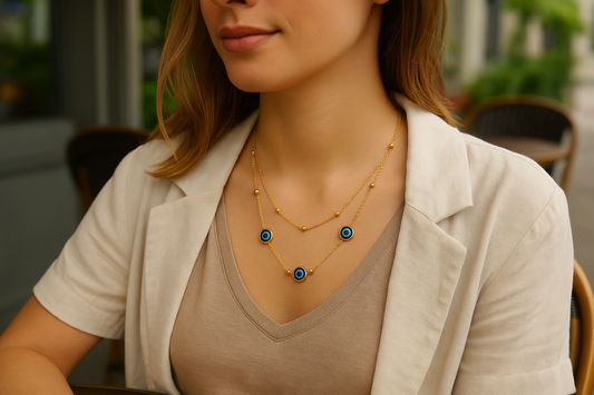 Lifestyle shot of a white model wearing the gold evil eye necklace in a casual setting