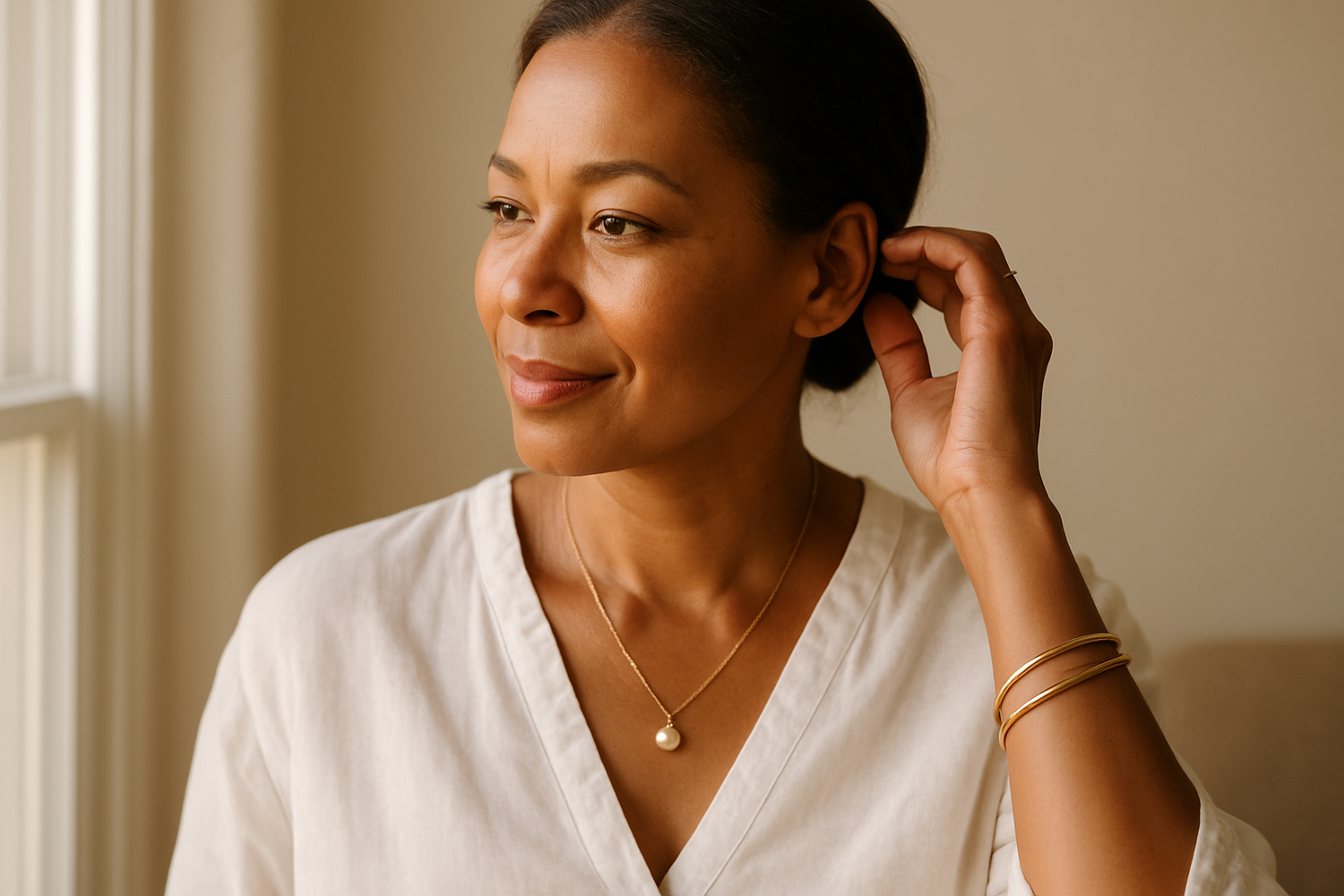 Natural lifestyle photo of woman wearing gold jewelry