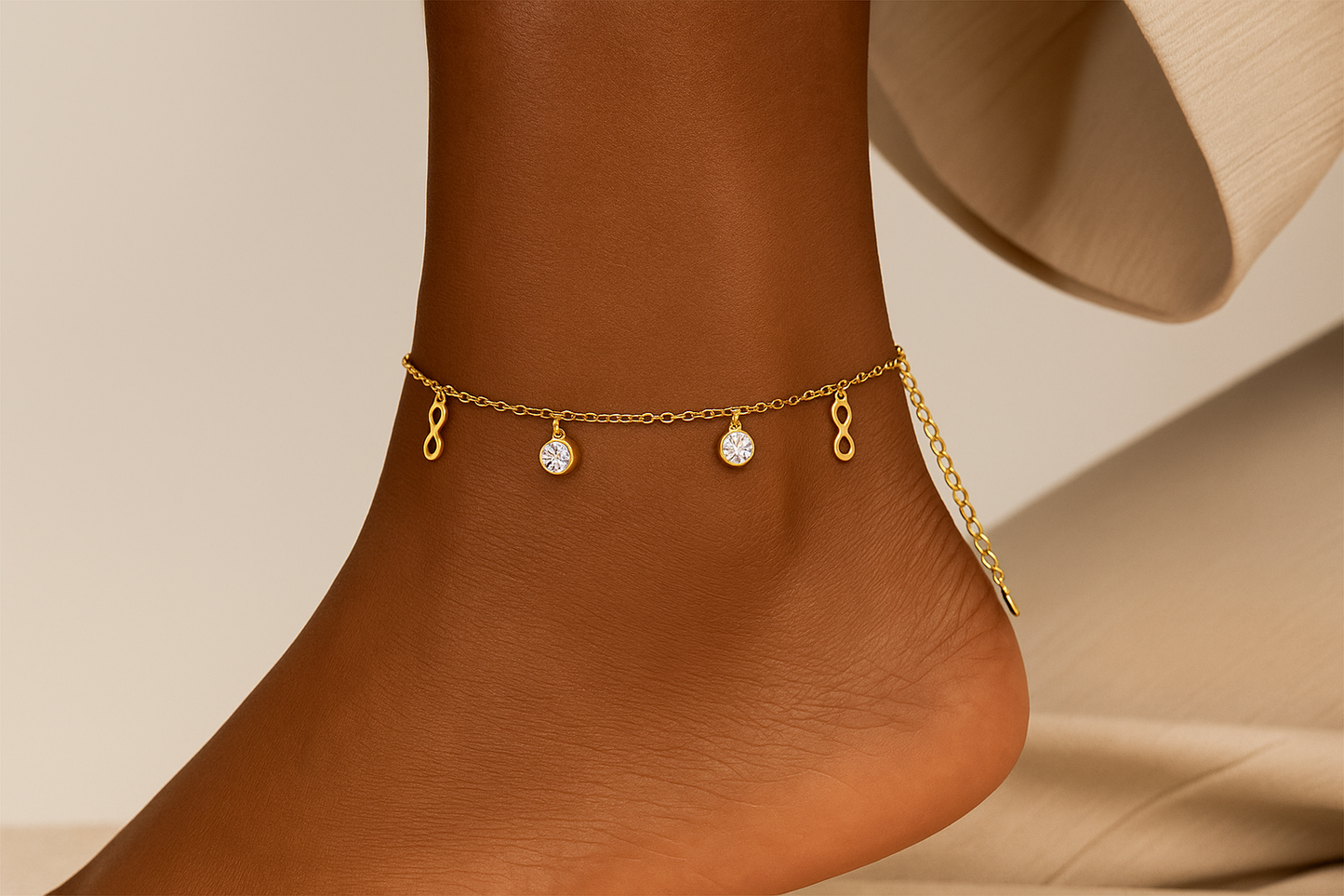 Professional lifestyle photography of an African American female model wearing the infinity anklet