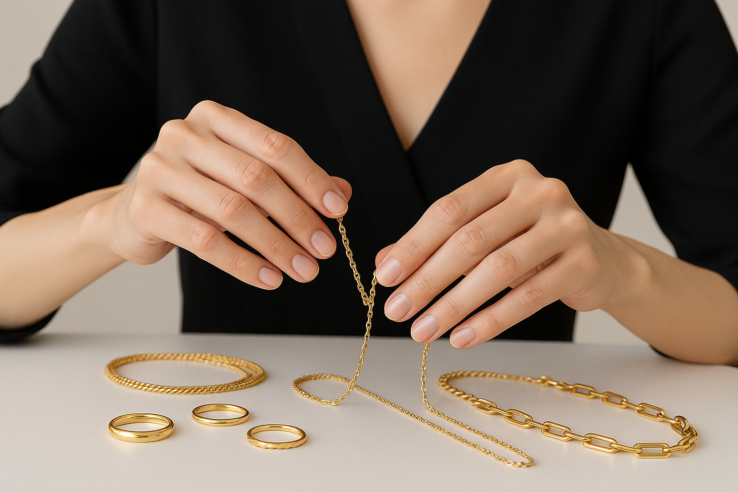 Woman's hands handling 18k gold plated jewelry without face