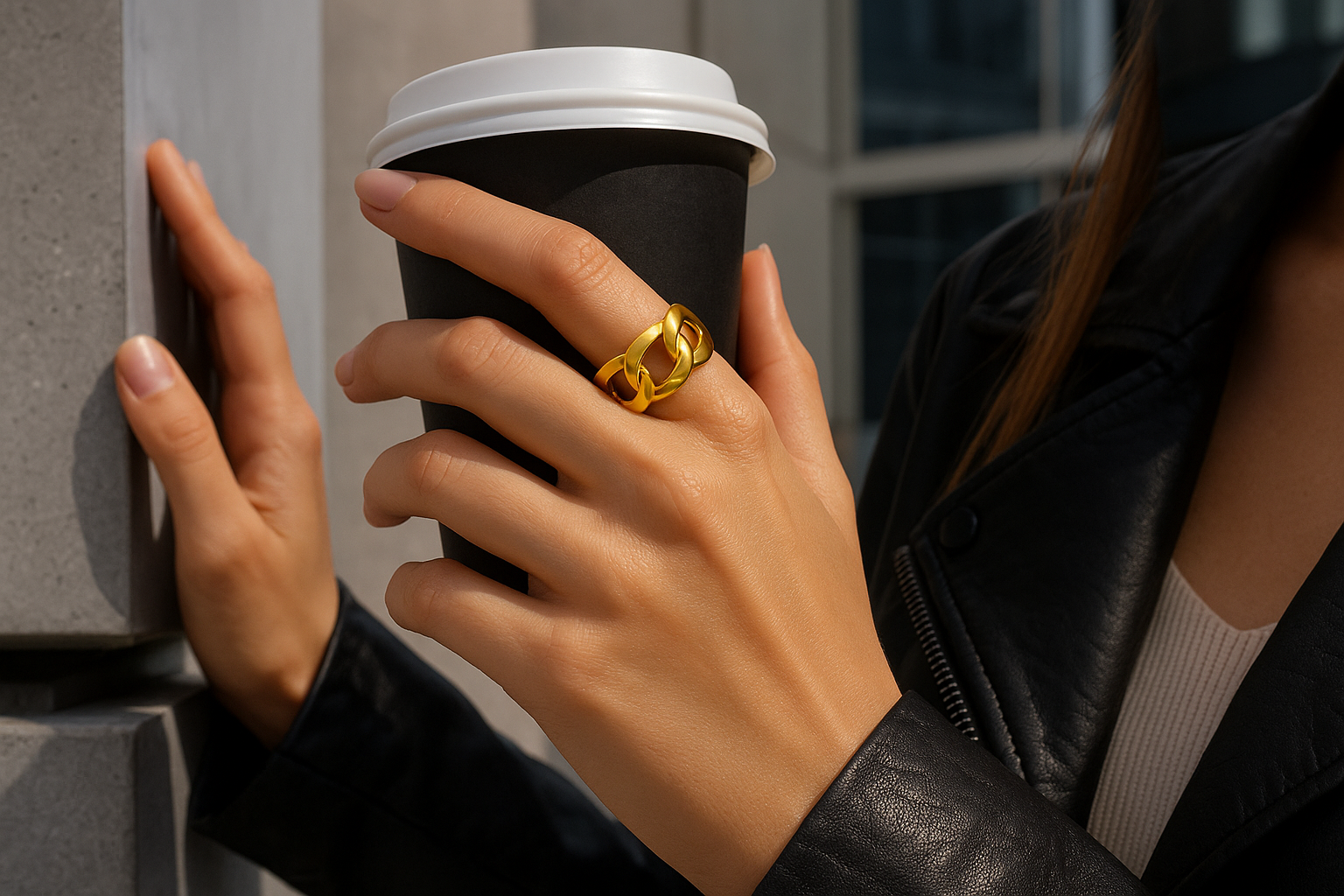 Bold lifestyle shot of a white model wearing the ring in an urban setting