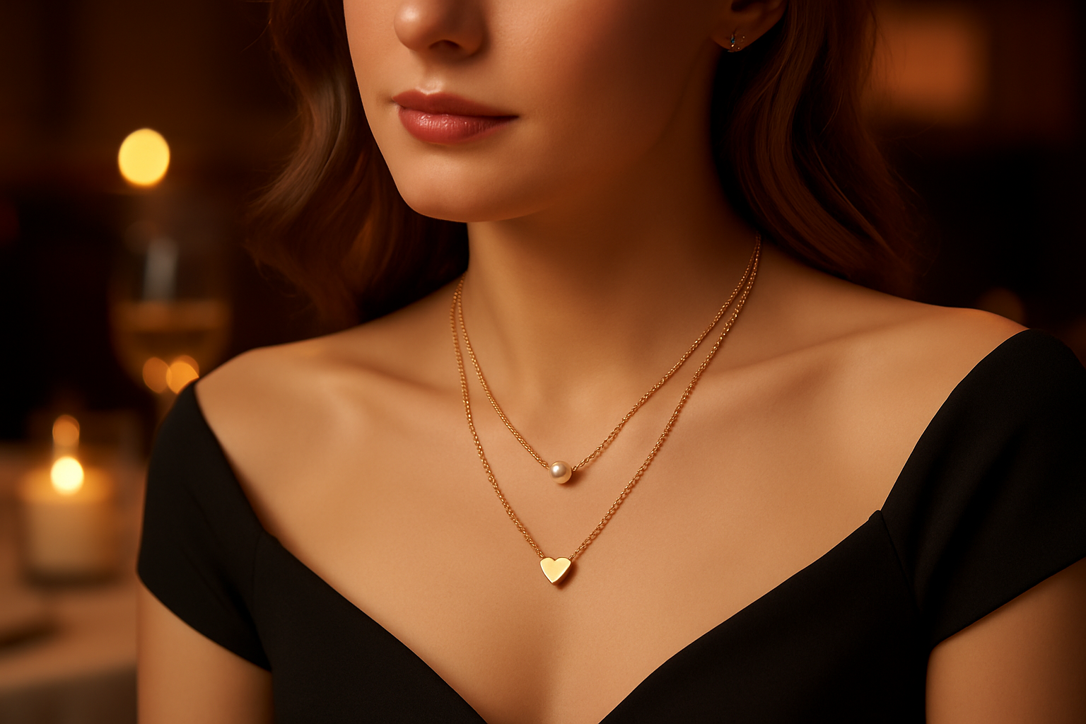 Elegant lifestyle shot of a white model wearing the necklace in a sophisticated setting