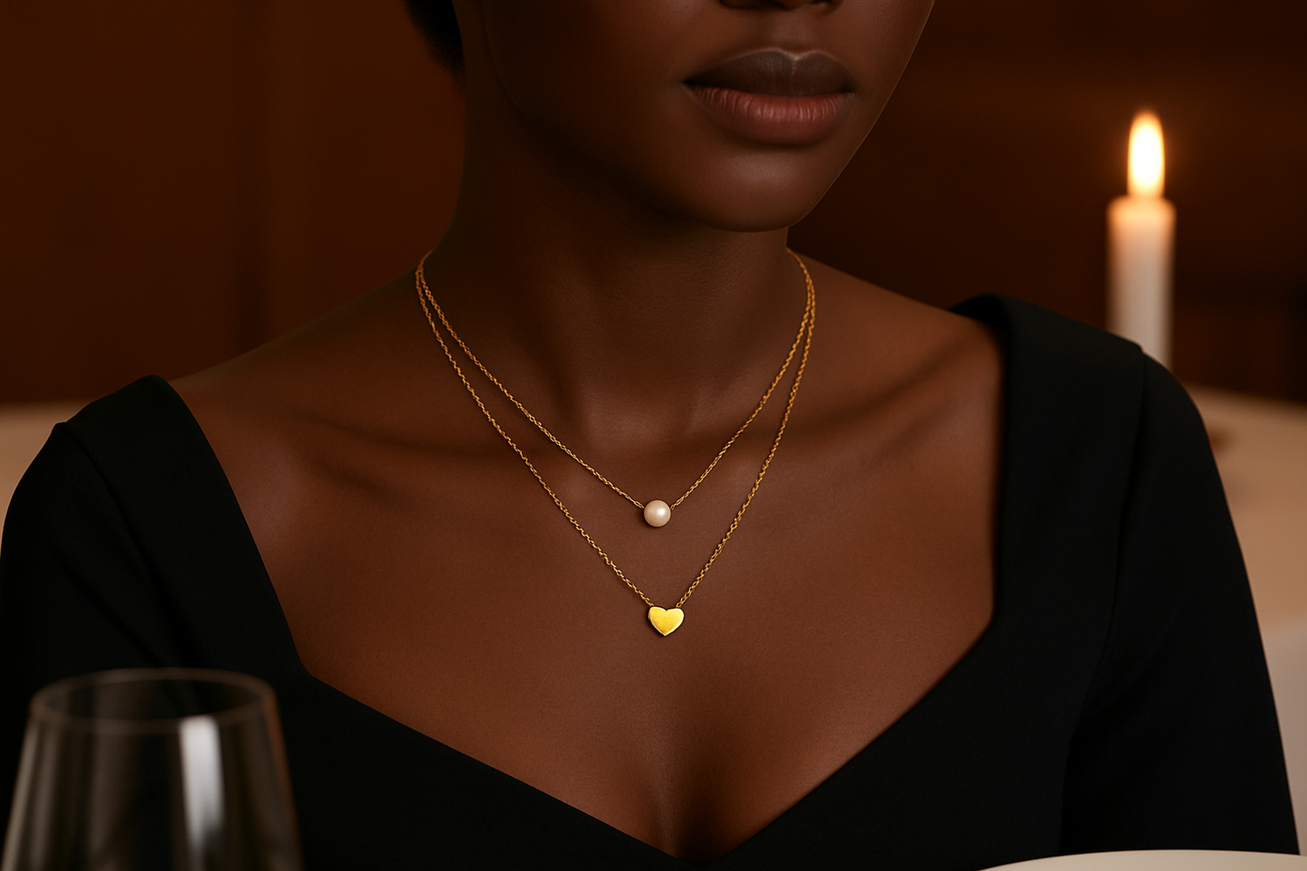 Elegant lifestyle shot of an African American model wearing the necklace in a sophisticated setting