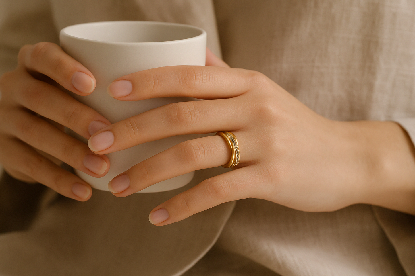 Elegant lifestyle shot showing the rings worn on different fingers