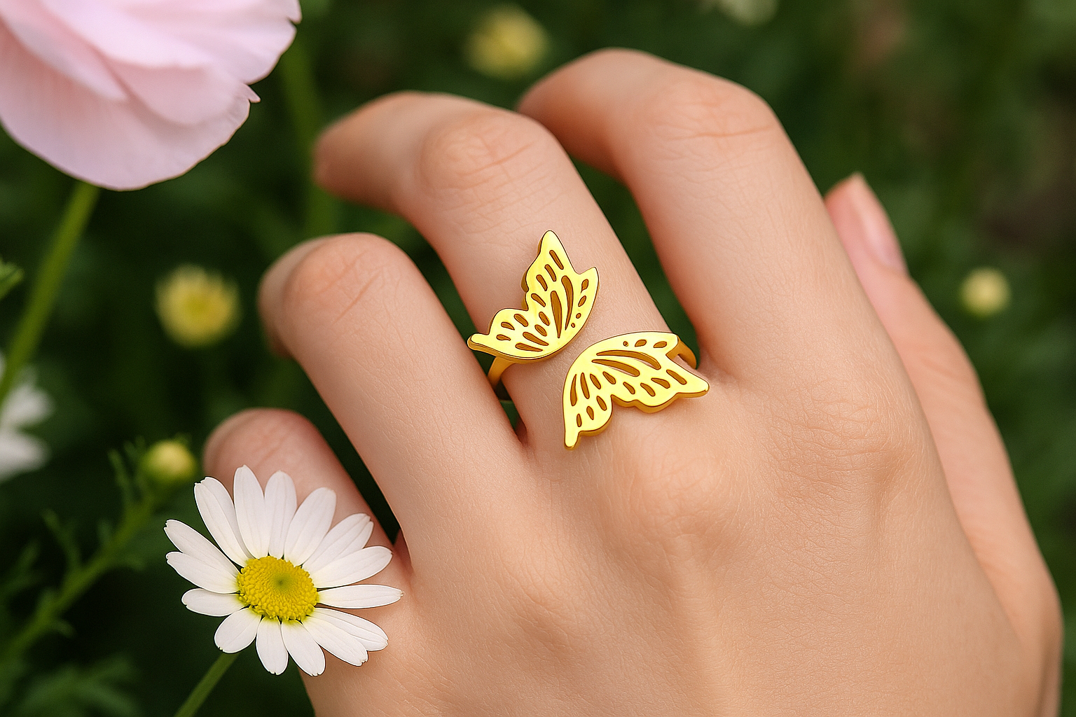 Lifestyle shot of a white model wearing the gold butterfly ring in a garden setting