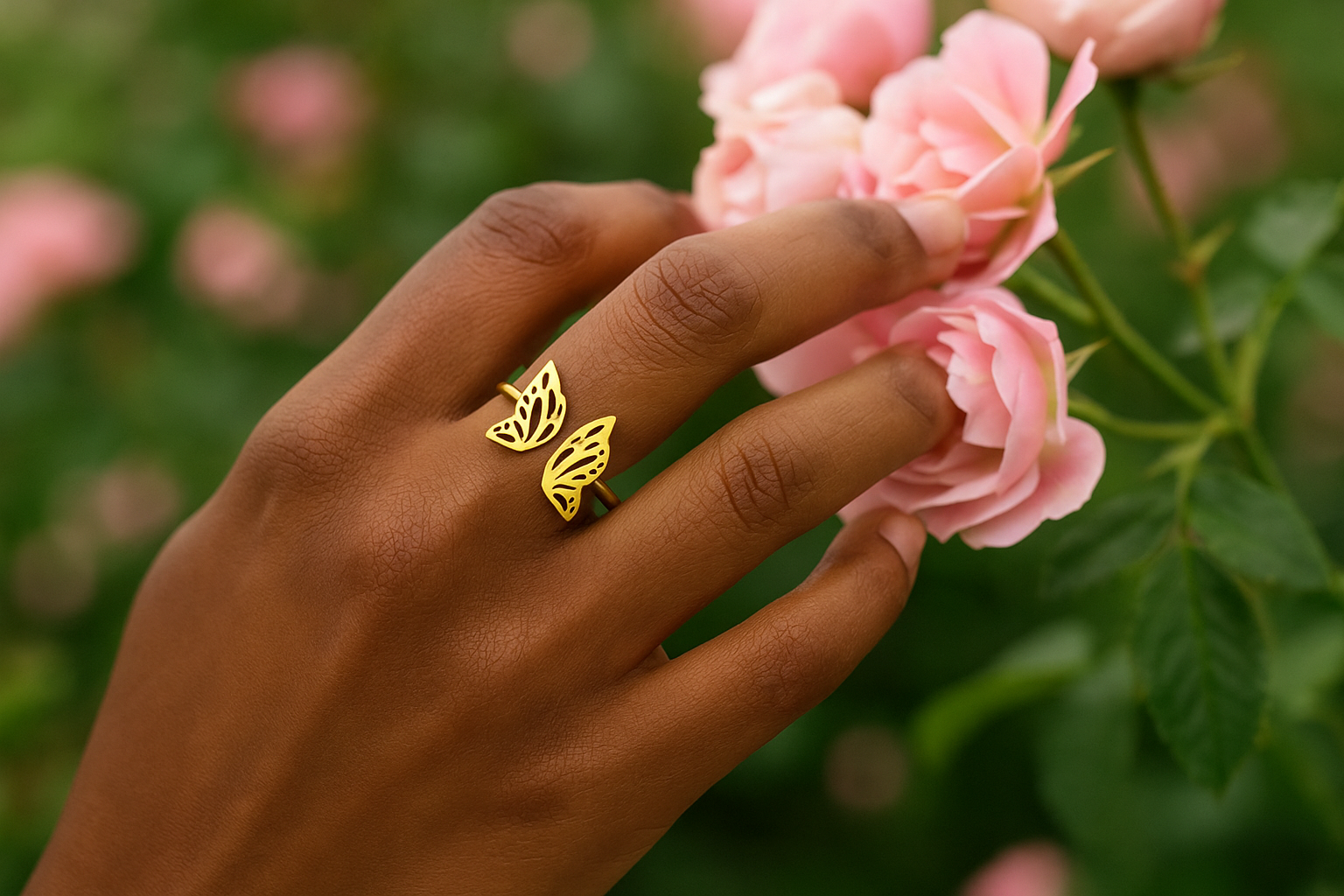 Lifestyle shot of an African American model wearing the gold butterfly ring in a garden setting
