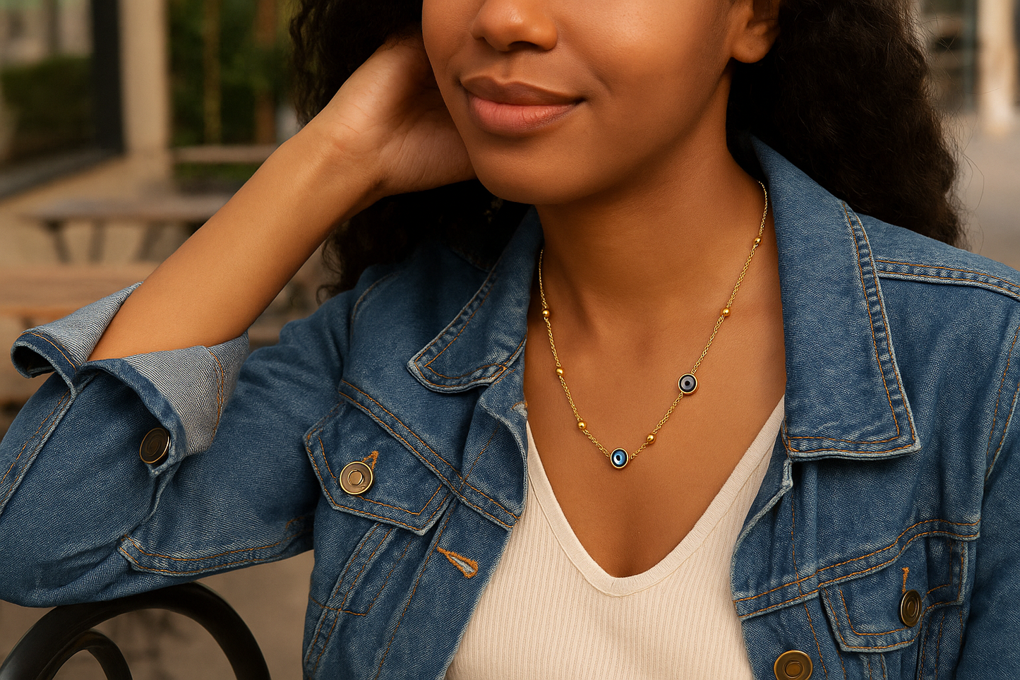 Lifestyle shot of an African American model wearing the gold evil eye necklace in a casual setting