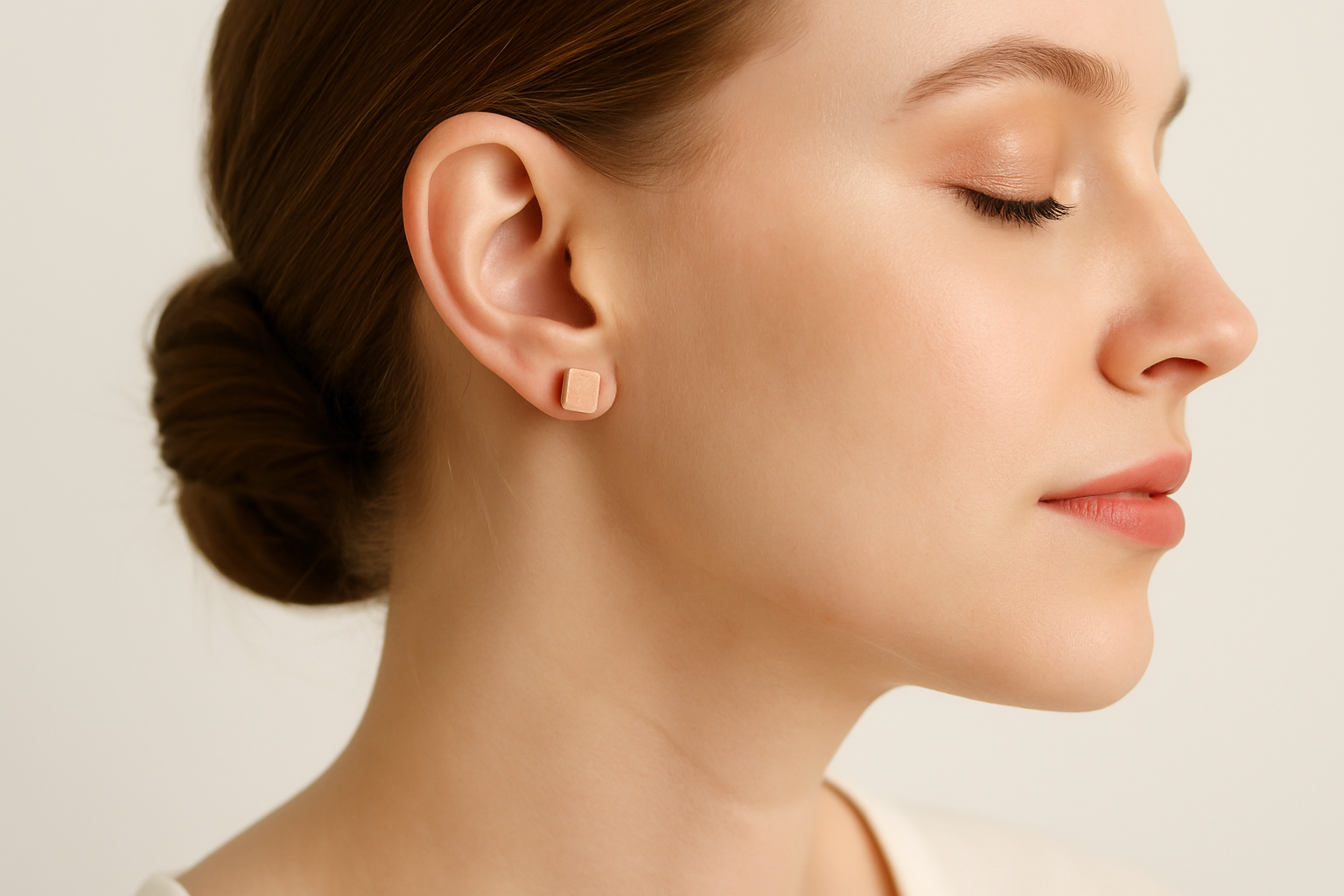Professional lifestyle photography of a white female model wearing rose gold cube stud earrings