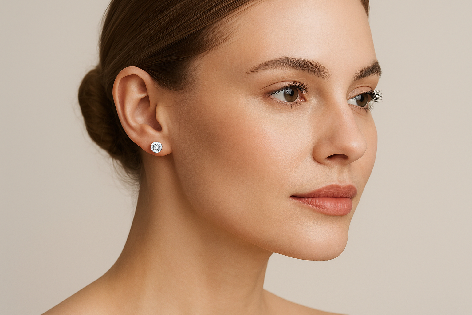 Professional lifestyle photography of a white female model wearing the crystal solitaire stud earrings