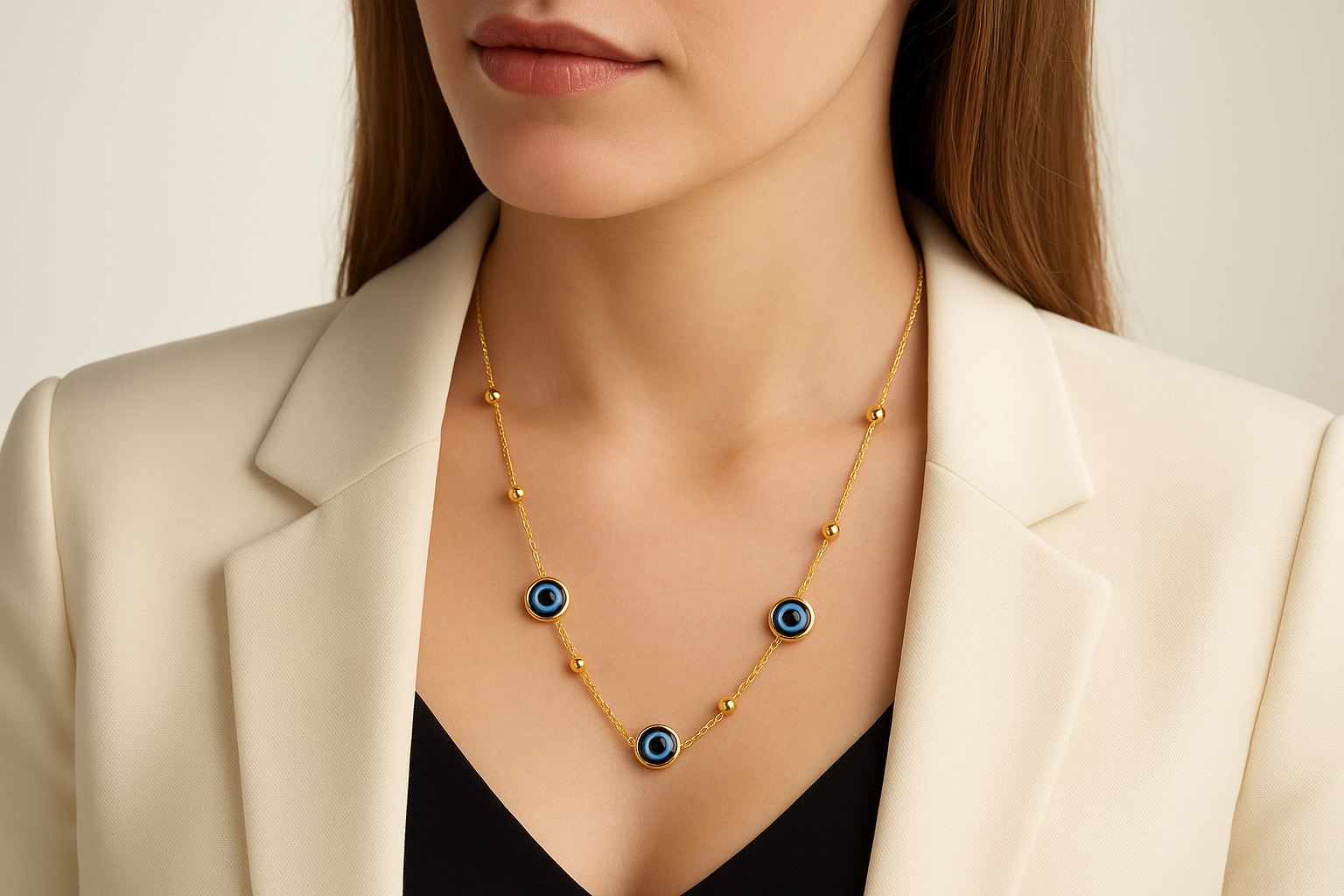 Professional lifestyle photography of a white female model wearing the gold evil eye necklace