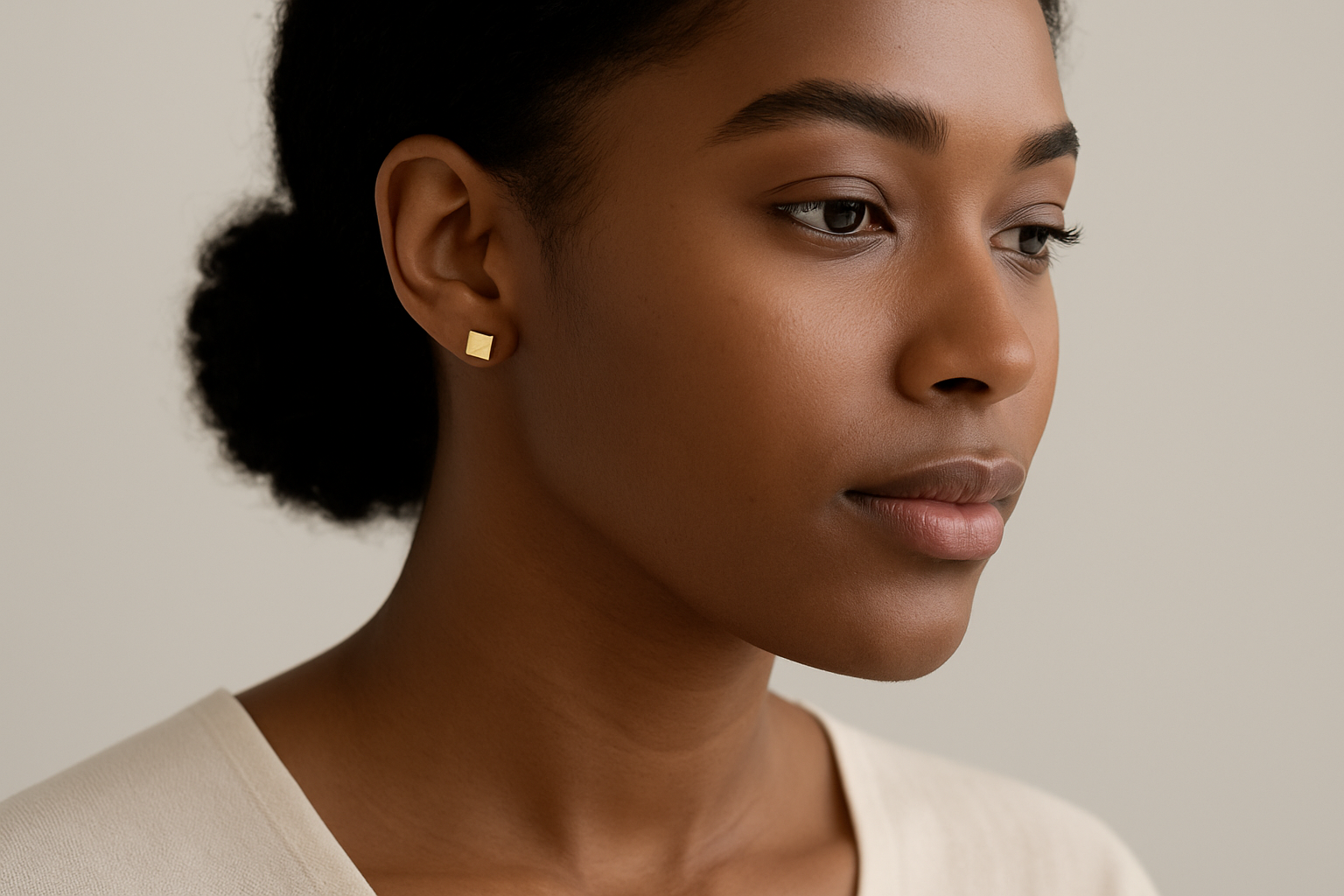 Professional lifestyle photography of an African American female model wearing gold cube stud earrings