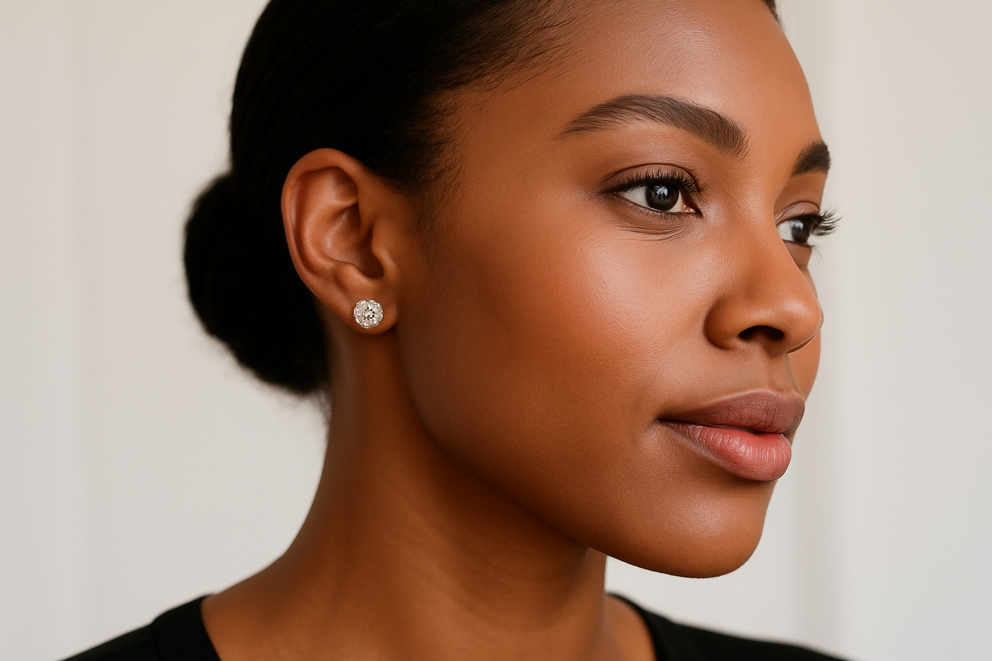 Professional lifestyle photography of an African American female model wearing the crystal solitaire stud earrings
