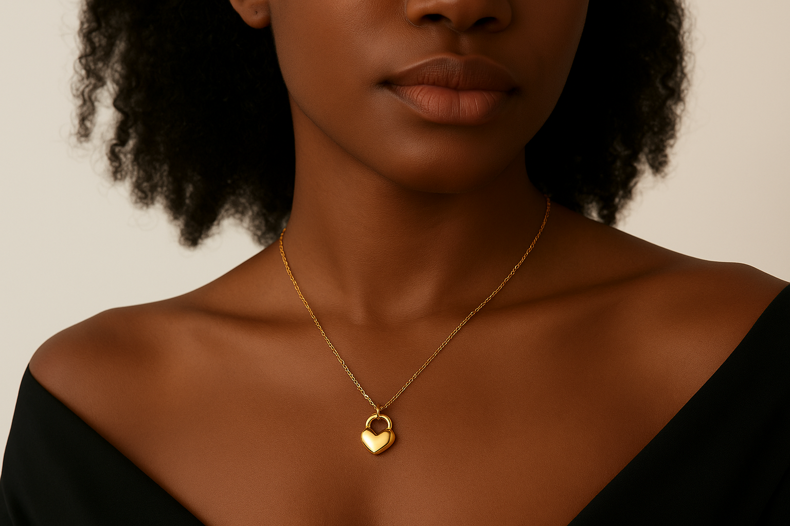 Professional lifestyle photography of an African American female model wearing the golden heart padlock necklace