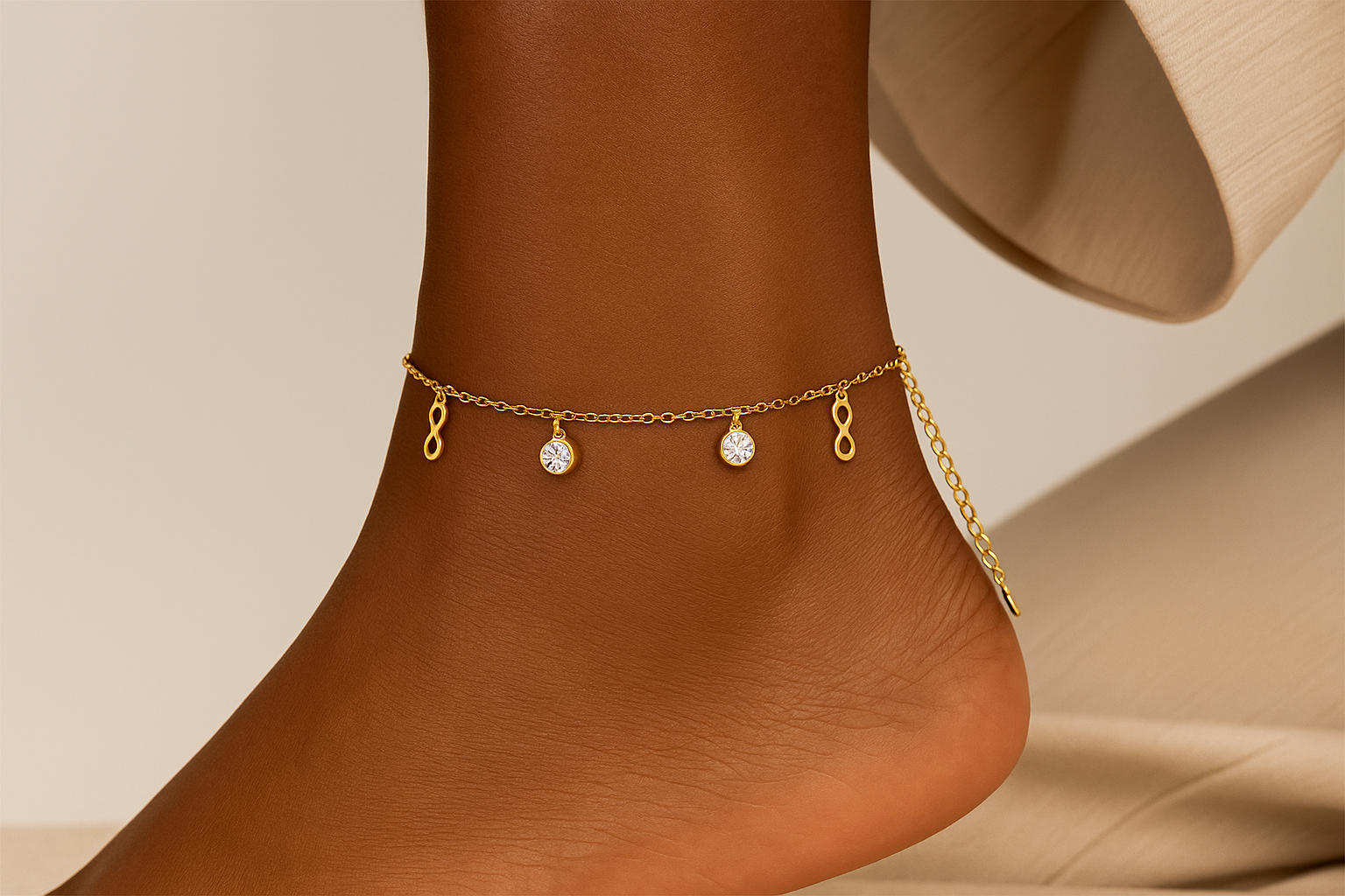 Professional lifestyle photography of an African American female model wearing the infinity anklet