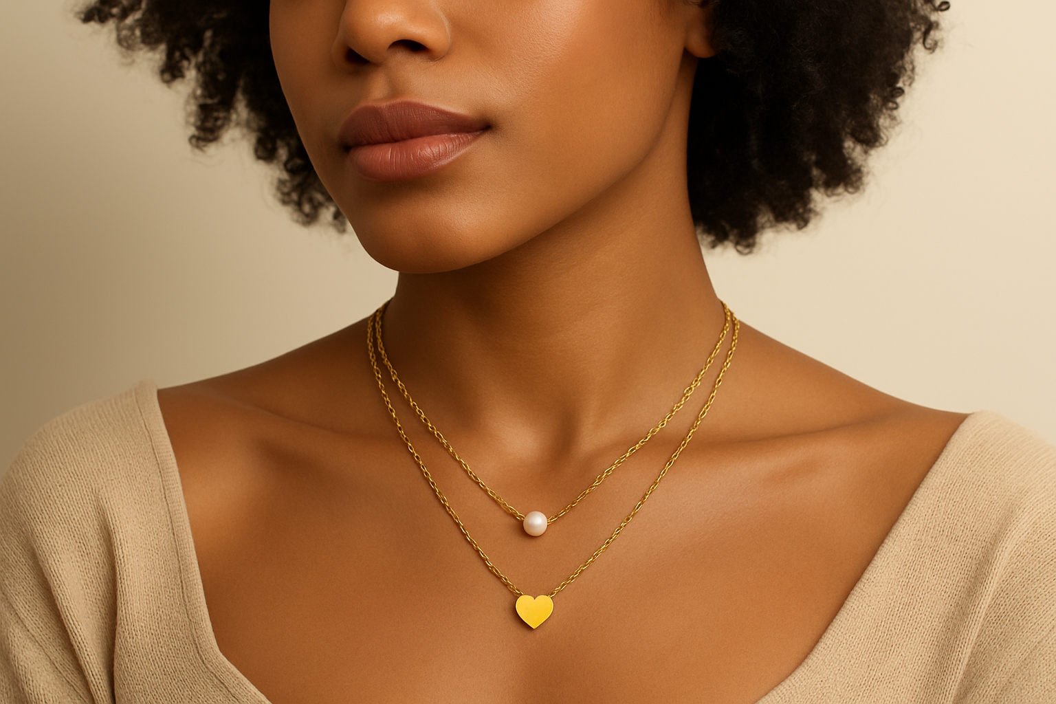 Professional lifestyle photography of an African American female model wearing the layered pearl and heart necklace