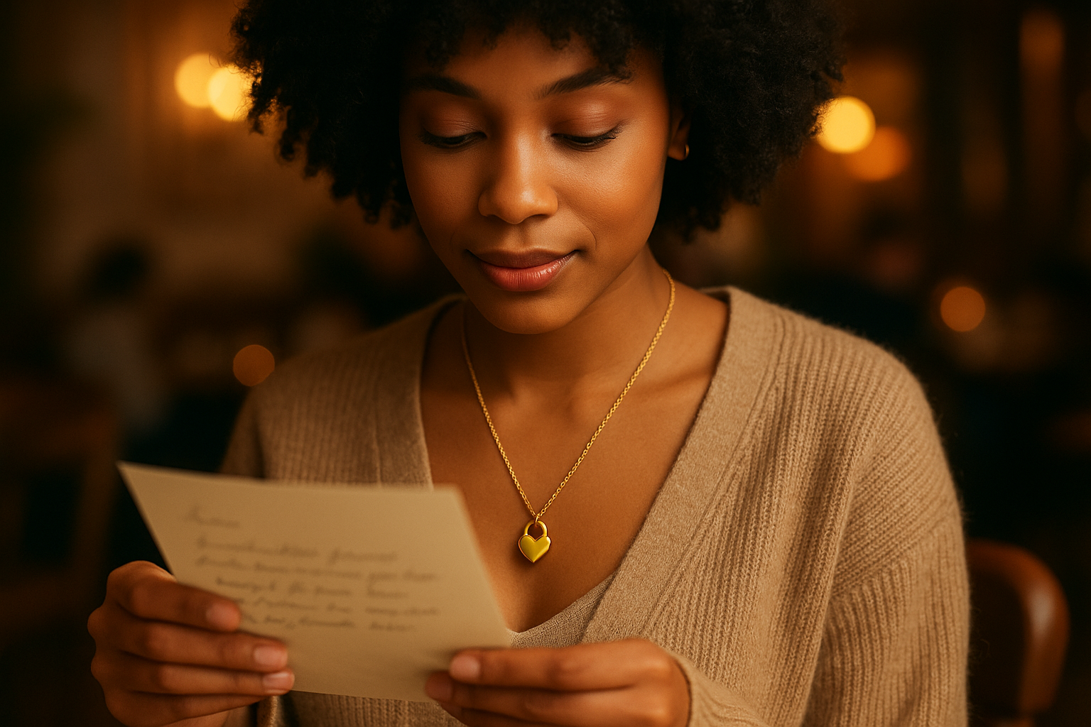 Romantic lifestyle shot of an African American model wearing the necklace in an intimate setting